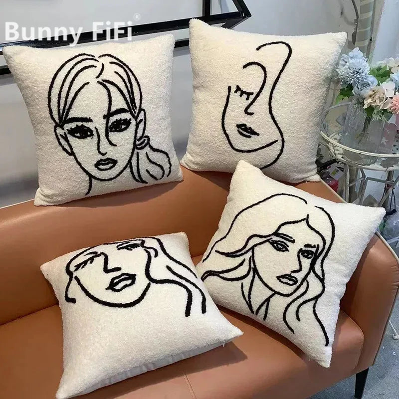 Afralia™ Lambswool Face Cushion Cover 45x45 Beige White Abstract Art Pillowcase