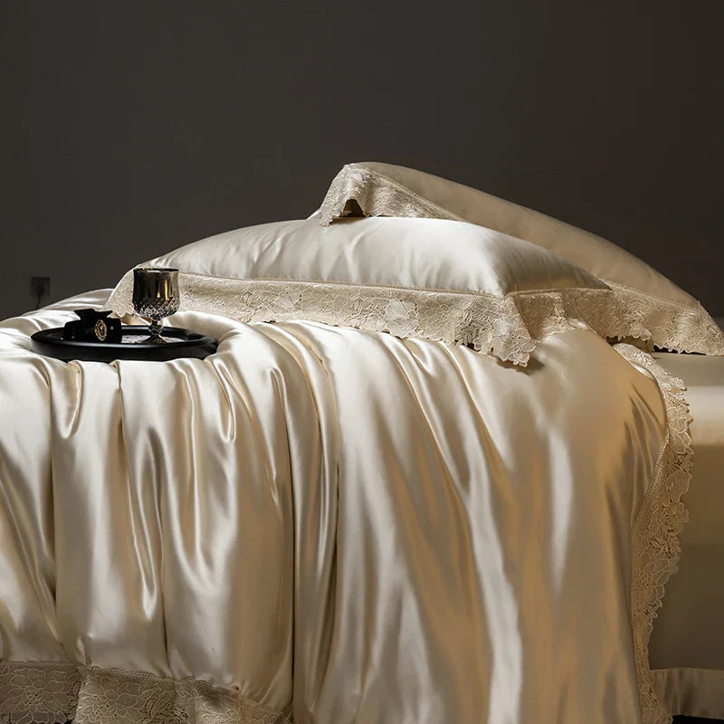 Afralia™ Luxe French Lace Edge Bedding Set: Silky Lyocell Cotton Duvet Cover, Sheet & Pillowcases
