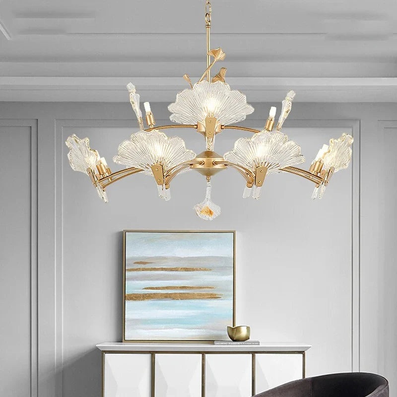 Afralia™ Gold Shell Glass Chandelier for Elegant Living Room Ceiling Decor