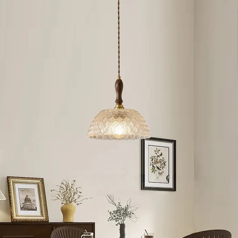 Afralia™ Glass LED Pendant Light Modern Wood Copper Hanglamp for Bar Cafe Loft