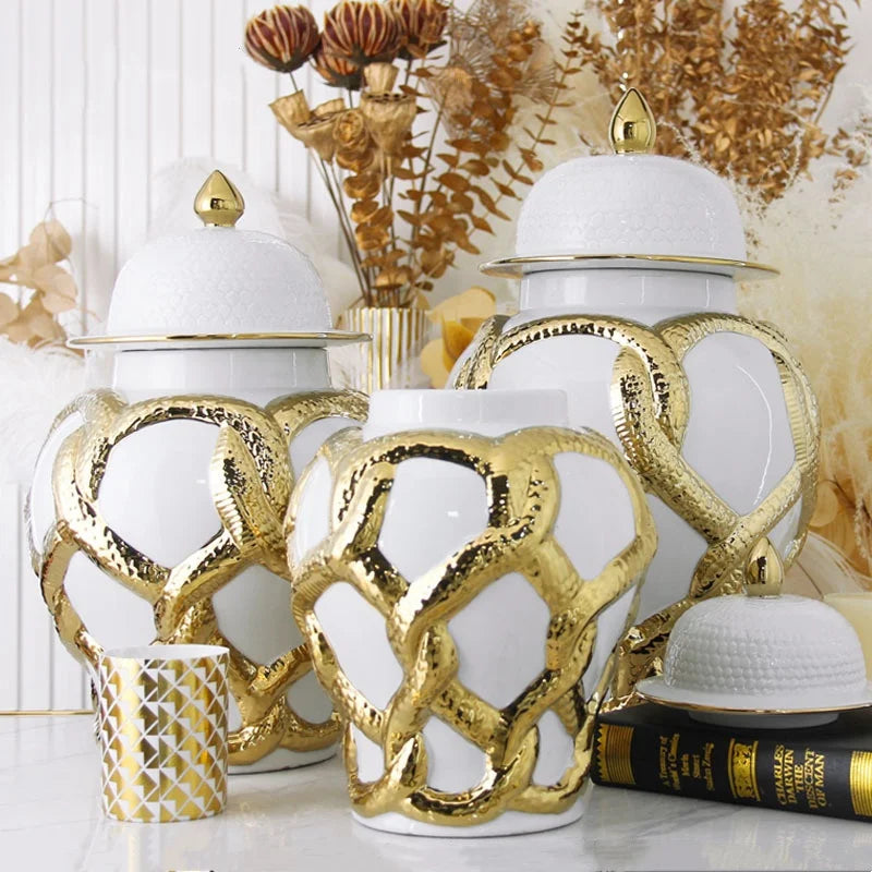 Afralia™ Checkmate Ceramic Jar with Gold Cross Cord, Porcelain Flower Vase and Storage Tank