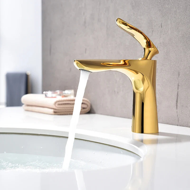 Afralia™ Golden Bathroom Faucet Single Handle Sink Mixer Tap Deck Mounted Basin Tapware