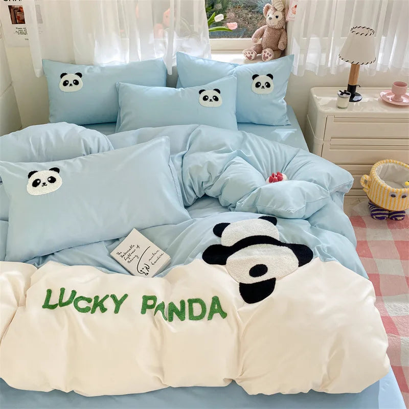 Afralia™ Panda Cotton Embroidery Bedding Set for Queen King Size