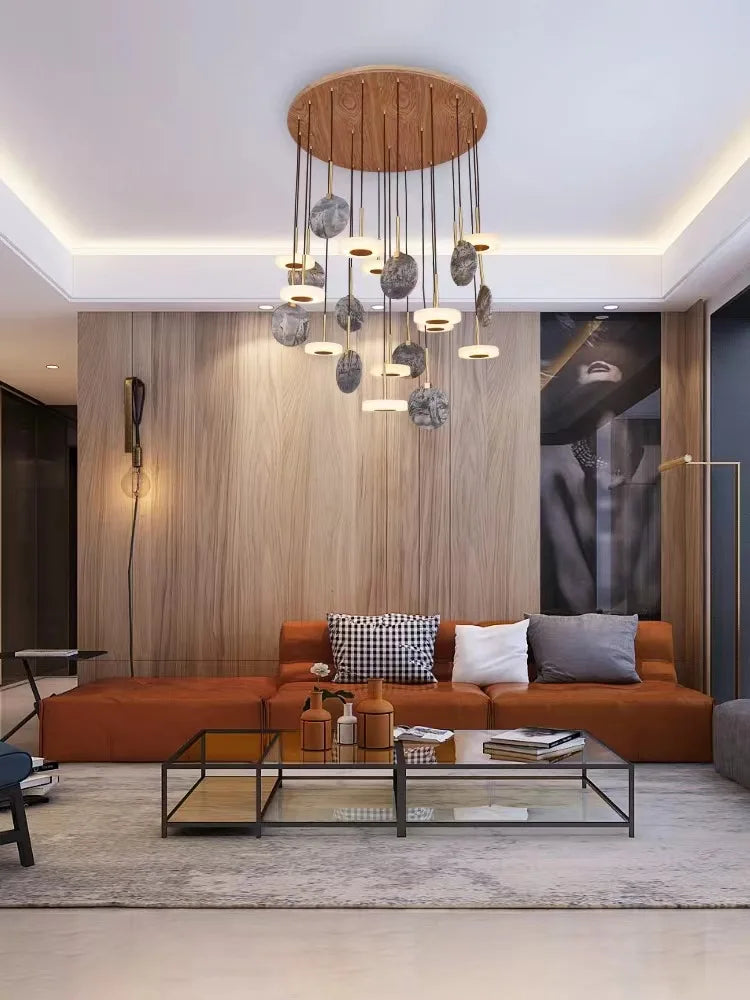 Afralia™ Burlywood Marble LED Ceiling Chandelier for Living Room