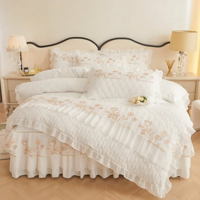 Afralia™ Quilted Embroidery Bedding Set with Lace Ruffles, Duvet Cover, Bed Skirt - Various Colors