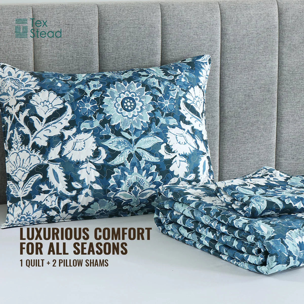 Afralia™ Blue Floral Quilted Bedding Set - Farmhouse Style All Seasons - 3 Piece