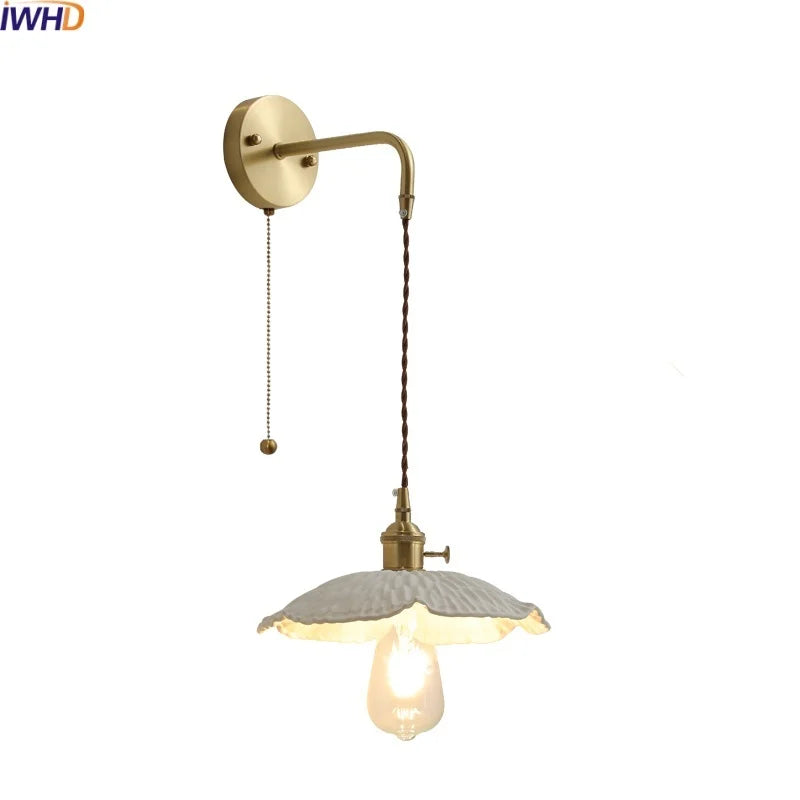 Afralia™ Copper Ceramic LED Wall Light Pull Chain Switch Modern Bedroom Lamp