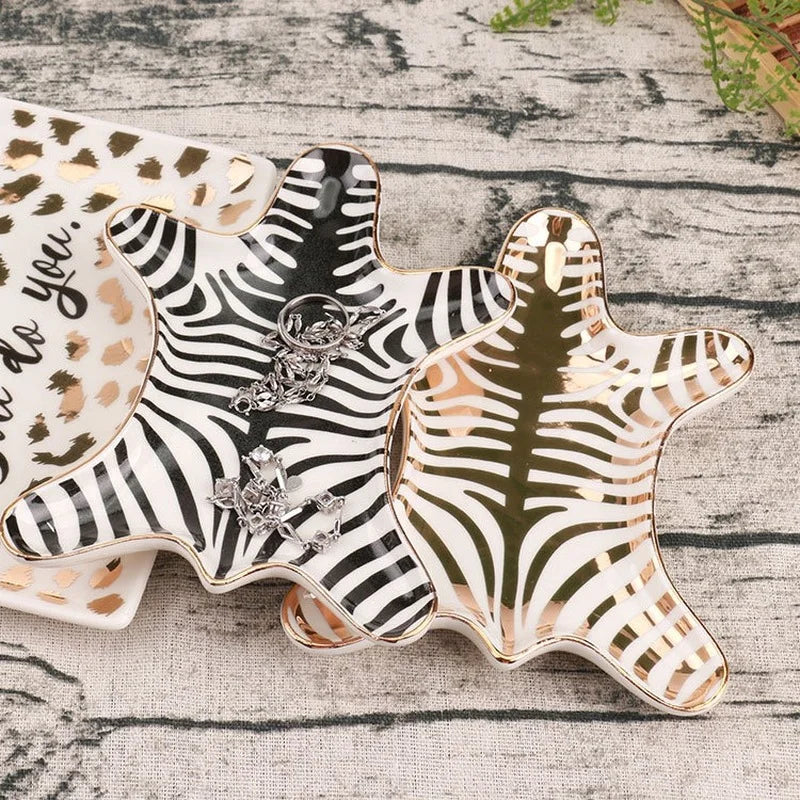 Afralia™ Gold Tiger Skin Ceramic Plate Zebra Dish Jewelry Holder Tray