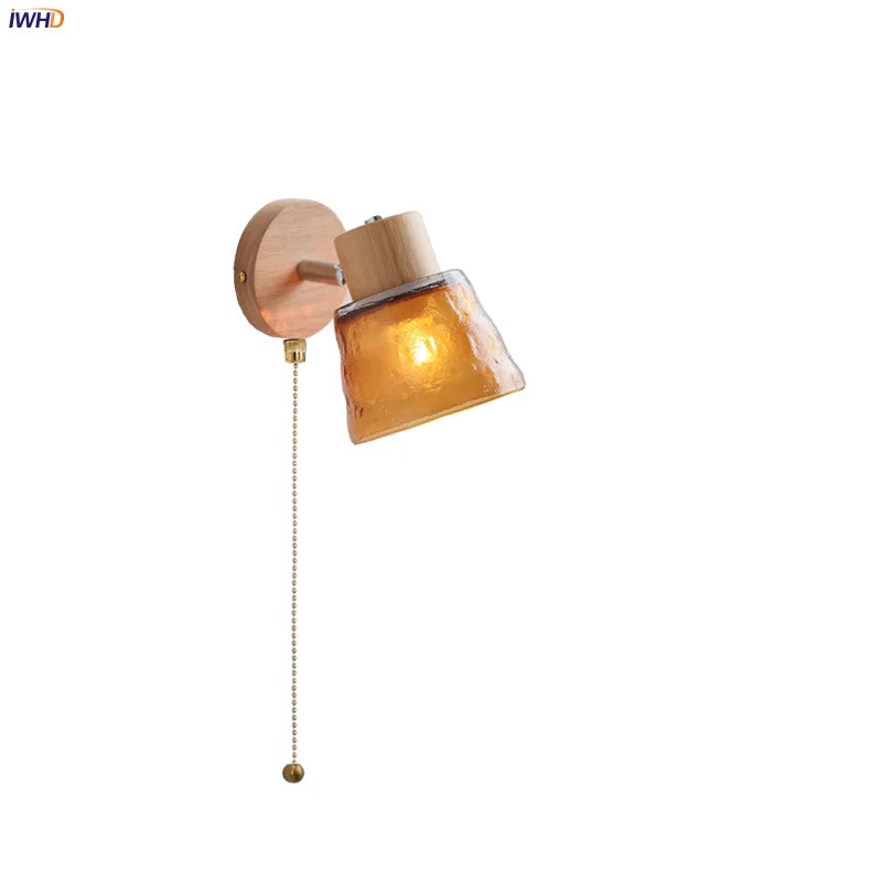 Afralia™ Amber Glass LED Wall Sconce Nordic Modern Wood Pull Chain Switch Stair Light