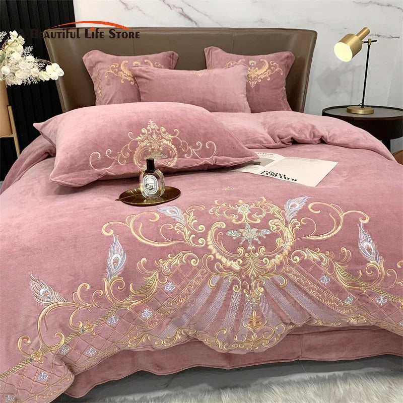 Afralia™ Luxury Velvet Embroidered Bedding Set with Plush Quilt Cover & Bed Sheet
