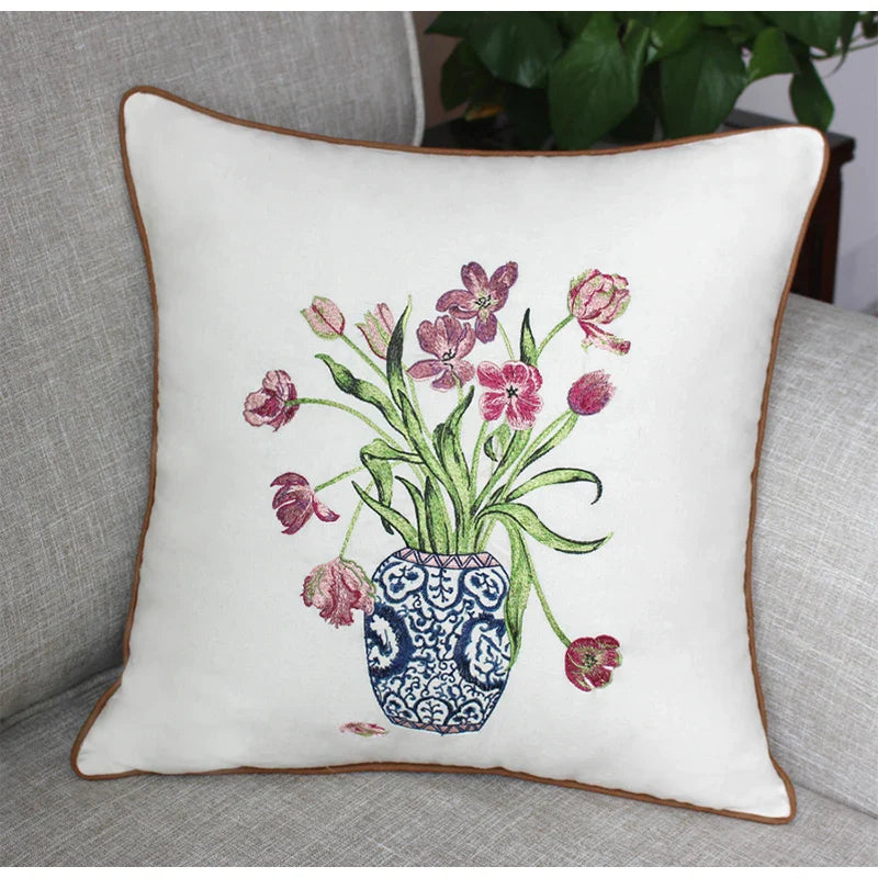 Afralia™ Floral & Vase Embroidery Pillow Cover Chinese Style Cushion Case 45x45cm