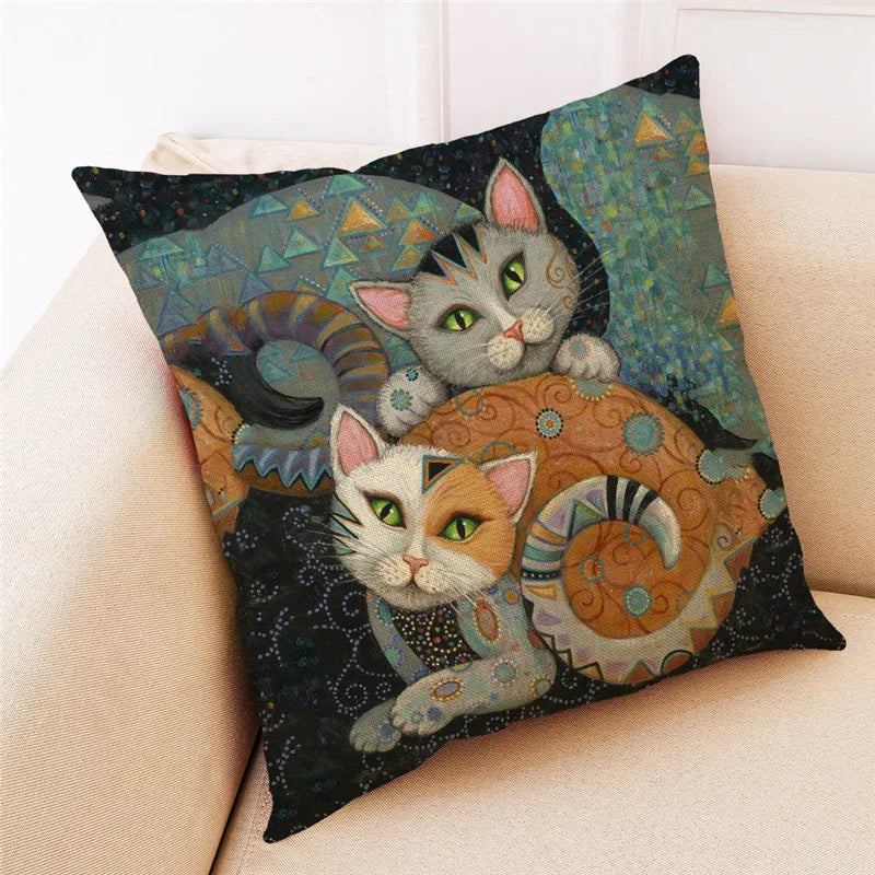 Afralia™ Vintage Cat Linen Cushion Cover - Home Decorative Pillowcase