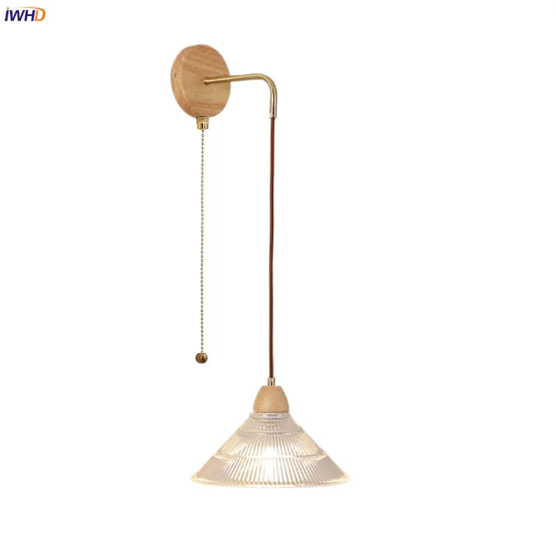 Afralia™ Clear Glass LED Wall Lights with Wood Pull Chain Switch - Modern Copper Stair Light