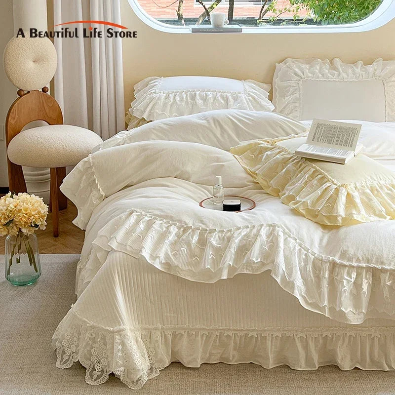 Afralia™ Lace Ruffles Bedding Set in Pearl White Cream Yellow Princess Cotton