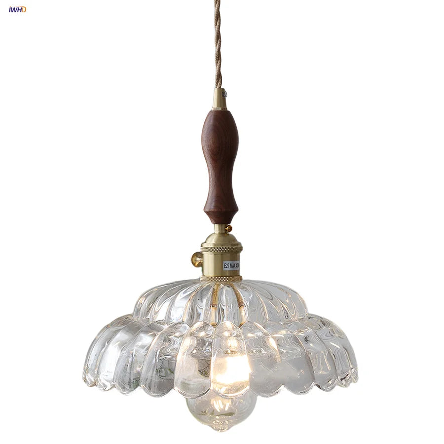 Afralia™ Walnut LED Glass Flower Pendant Light Fixture Adjusts Wire Modern Dining Bathroom