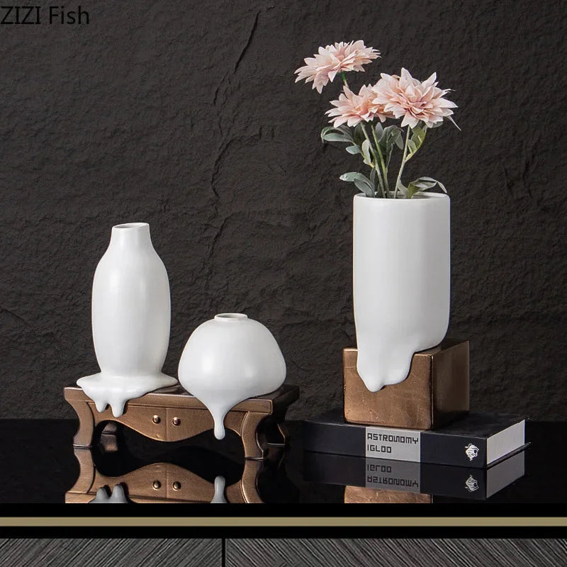 Afralia™ Ceramic Liquid Vase White Room Decor Desk Flower Arrangement Aesthetic