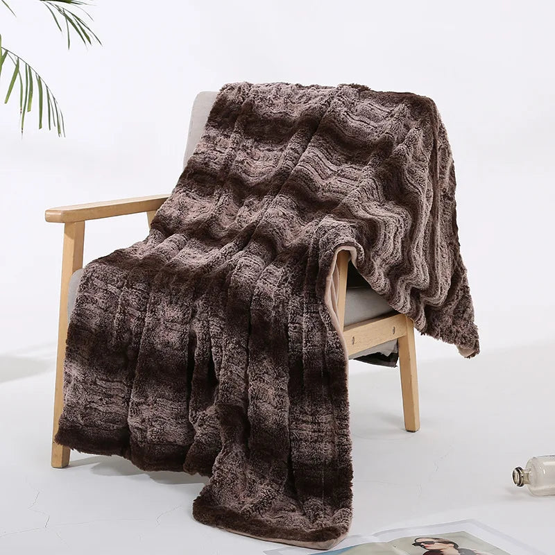 Afralia™ Striped Faux Rabbit Fur Blanket for Home & Travel Warmth