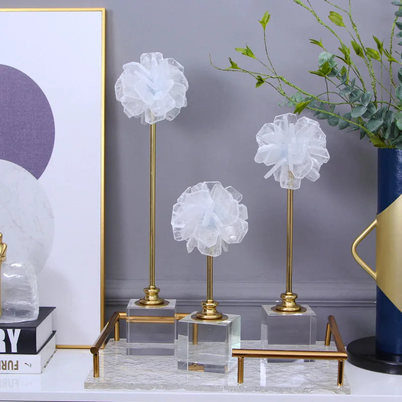 Afralia™ Crystal Flower Glass Craft Hyalinite Sculpture Metal Decor Figurine