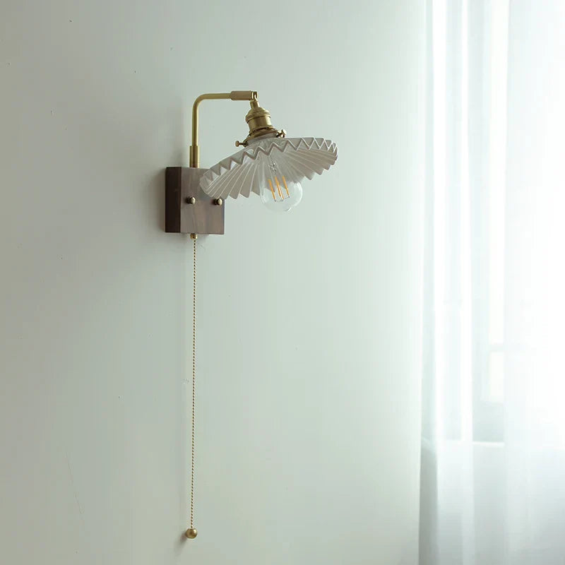 Afralia™ Nordic LED Wall Lamp Walnut Wood Rotatable Copper Pull Chain Light