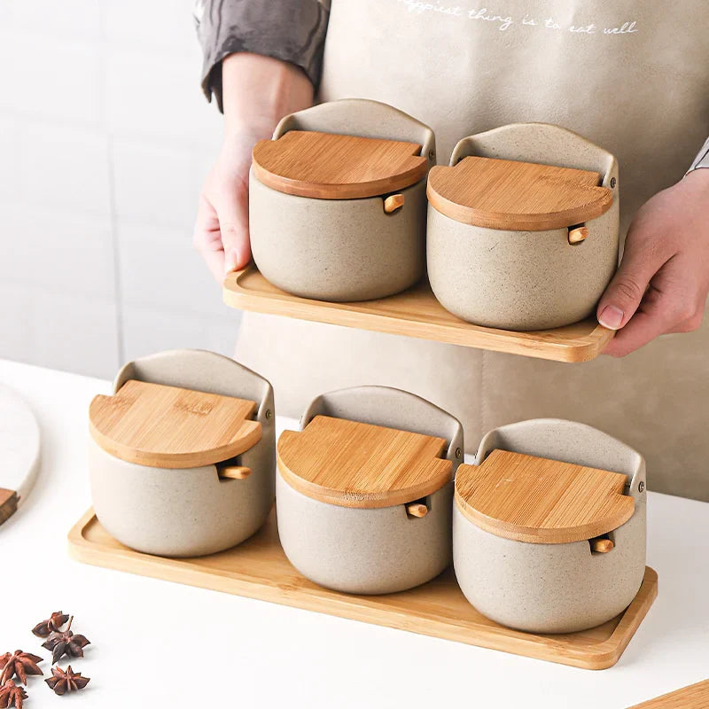 Afralia™ Ceramic Seasoning Jar Set with Bamboo Lid and Spoon