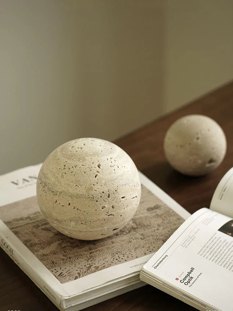 Afralia™ Marble Stone Ball Decor Table Shelf Vintage Travertine Sphere Sculpture