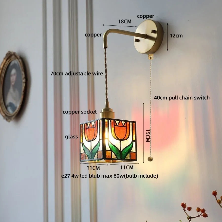 Afralia™ Tiffany Glass LED Wall Lights Modern Pull Chain Bedside Lamp