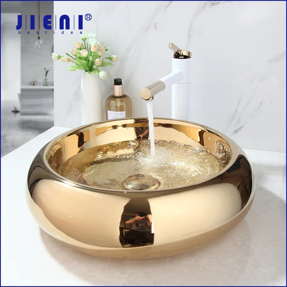Afralia™ Golden Plated Round Ceramic Luxury Bath Mixer Set with Brass Faucet & Pop Drain