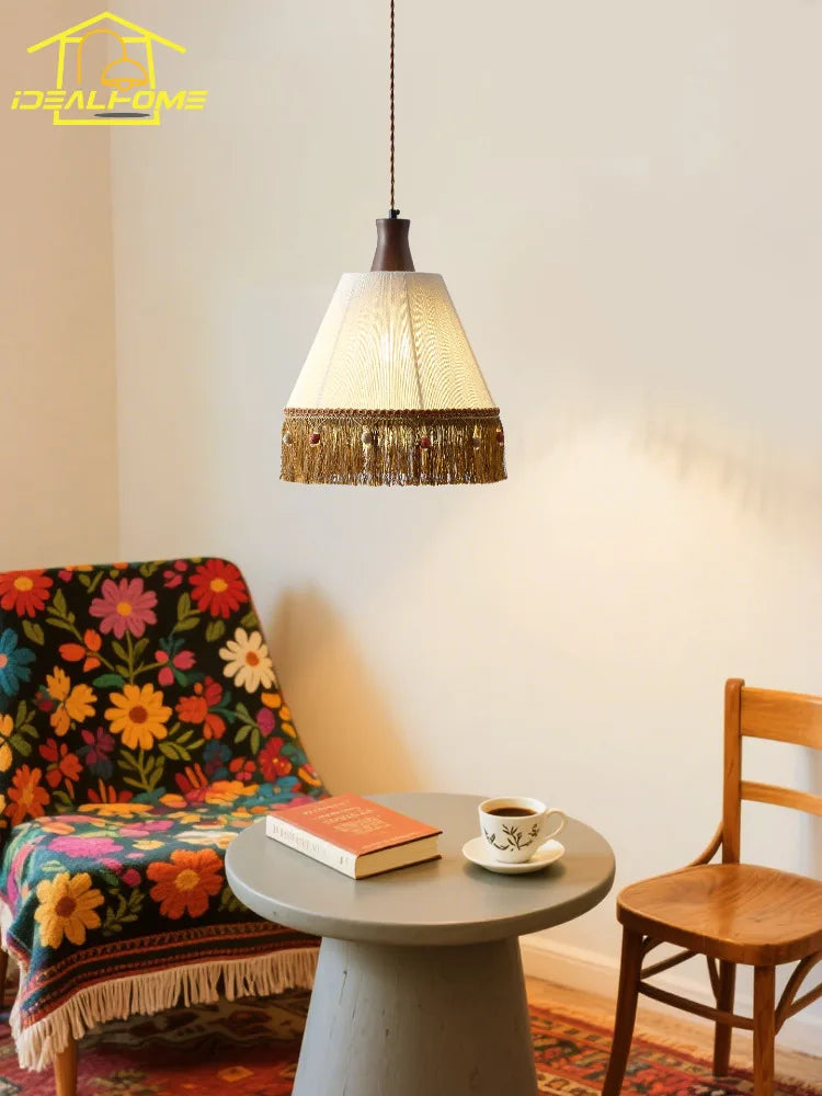 Afralia™ Wabi-sabi Vintage Pendant Light with LED E27, Cotton Tassel, Wood for Home Decor
