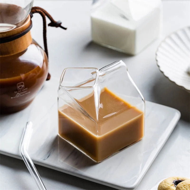 Afralia™ Milk Box Glass Cup for Juice, Coffee, Tea - 300ml Cute Transparent Design