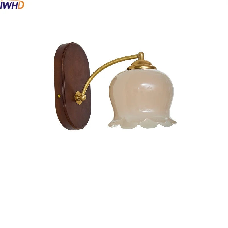 Afralia™ LED Japanese Style Wall Lights Copper Wood Bedside Lamp for Home Bedroom