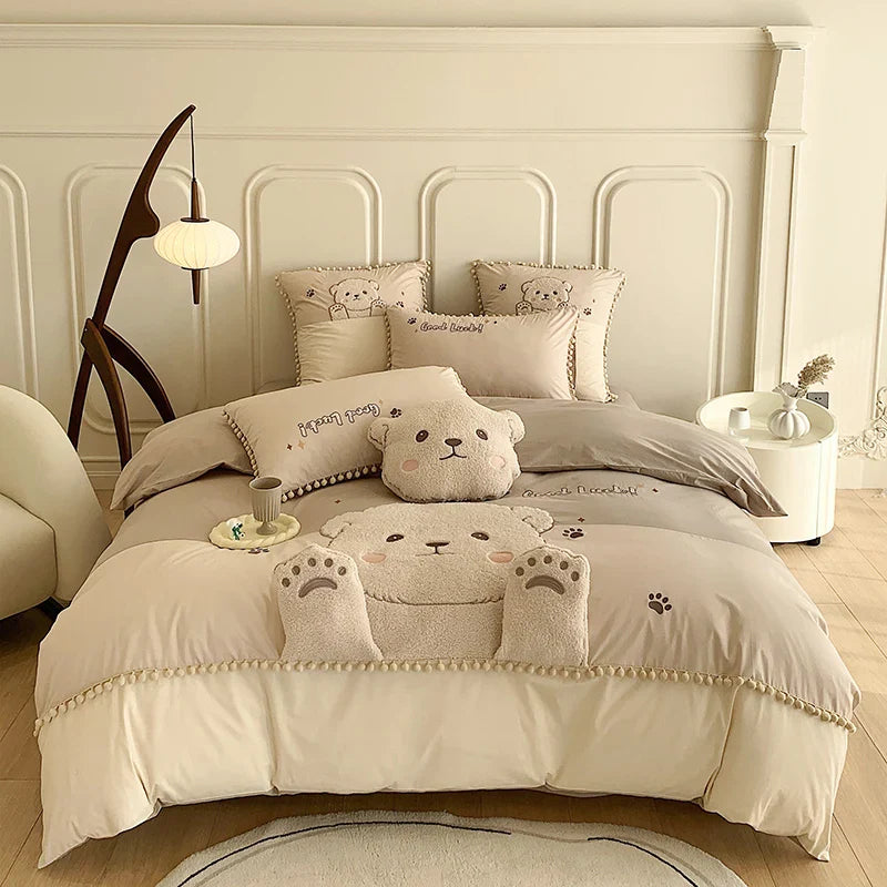 Afralia™ Cartoon Bear Applique 100% Cotton Child Bedding Set - Single Quilt Cover