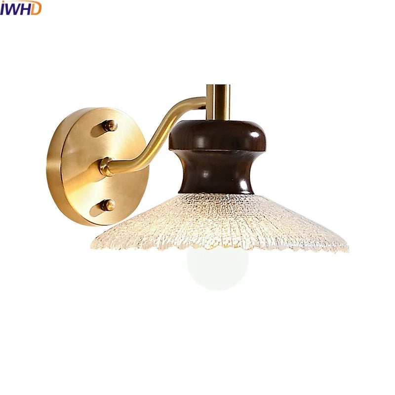 Afralia™ Wood Handled Copper Arm LED Wall Light - Vintage Bedside Lamp
