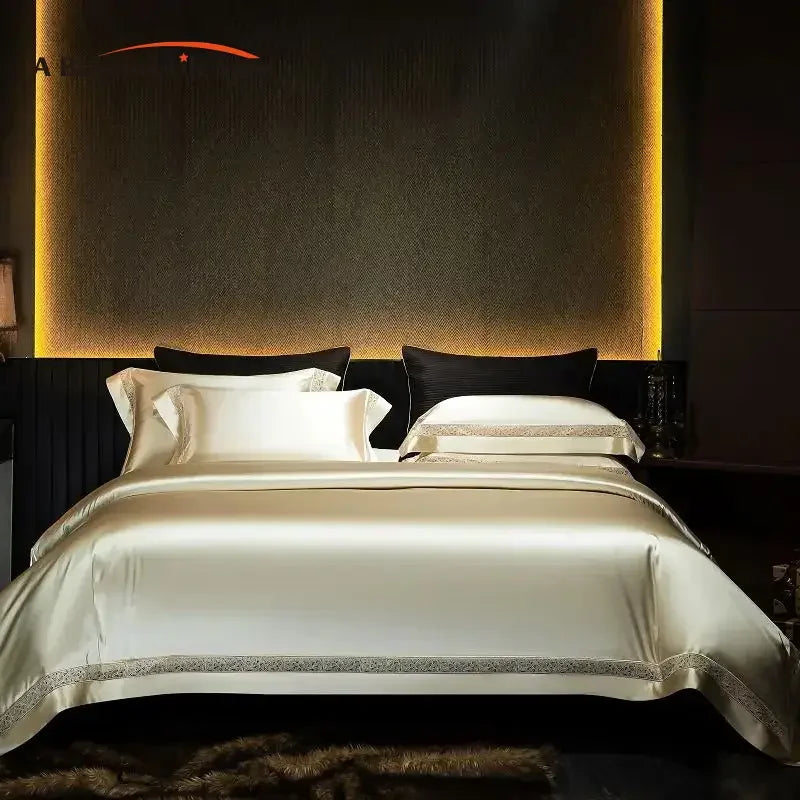 Afralia™ Luxe Silk Cotton Hollow Wide Edge Bedding Set: Duvet Cover, Flat/Fitted Sheet, Pillowcases