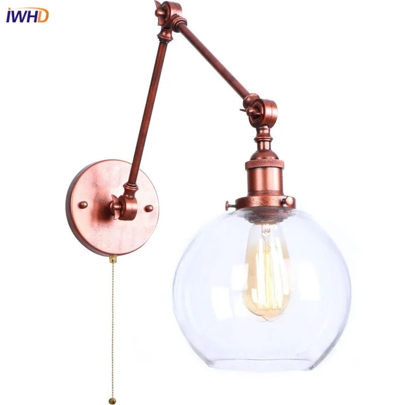 Afralia™ Swing Arm LED Wall Lights Pull Chain Switch Glass Ball Industrial Home Decor