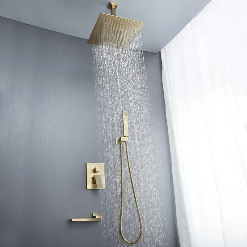 Afralia™ Brushed Gold In-Wall Shower Set with Rainfall Shower Head 8-12"