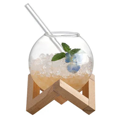 Afralia™ Ball Shape Coffee Juice Cocktail Glasses Cup with Wood Base and Glass Straw