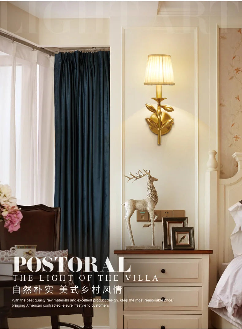 Afralia™ European Bedroom Wall Lamp Gold Branch Jade Leaf Design