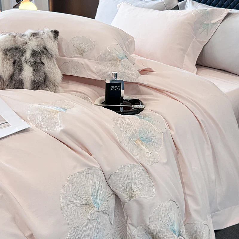 Afralia™ Pink Luxury Flower Embroidery 4-Piece Bedding Set - 1000TC Egyptian Cotton