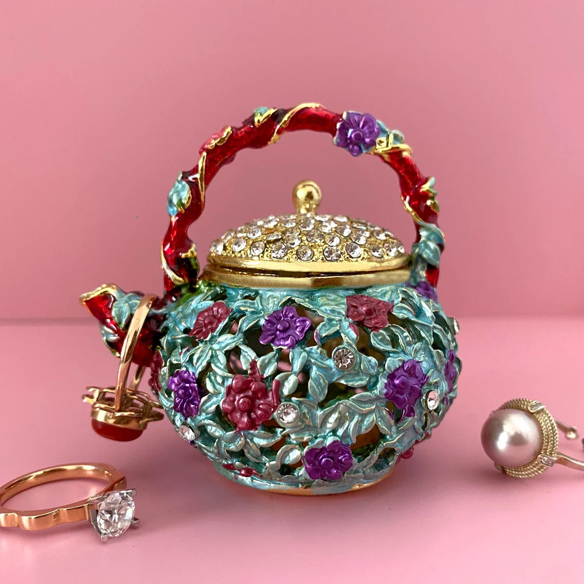 Afralia™ Metal Teapot Trinket Box Crystal Hinged Figurine | Jewelry Storage Ring Holder