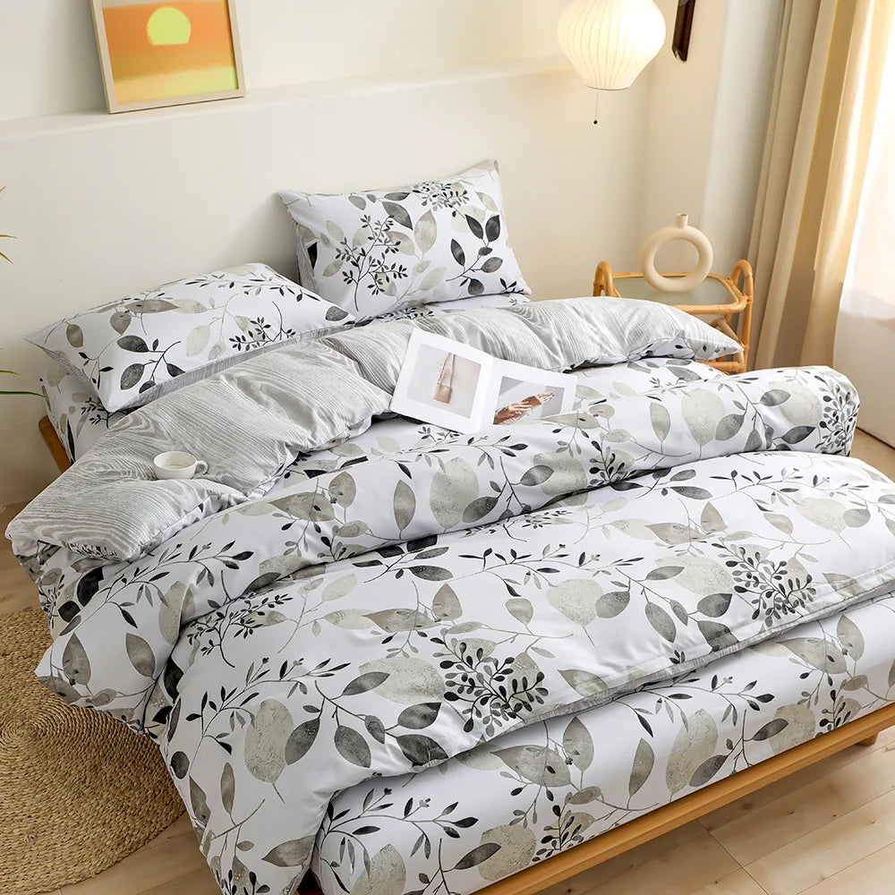 Afralia™ Flower Printed Bedding Set: Fitted Sheet, Quilt Cover, 2 Pillowcases - Twin, Full, Queen, King