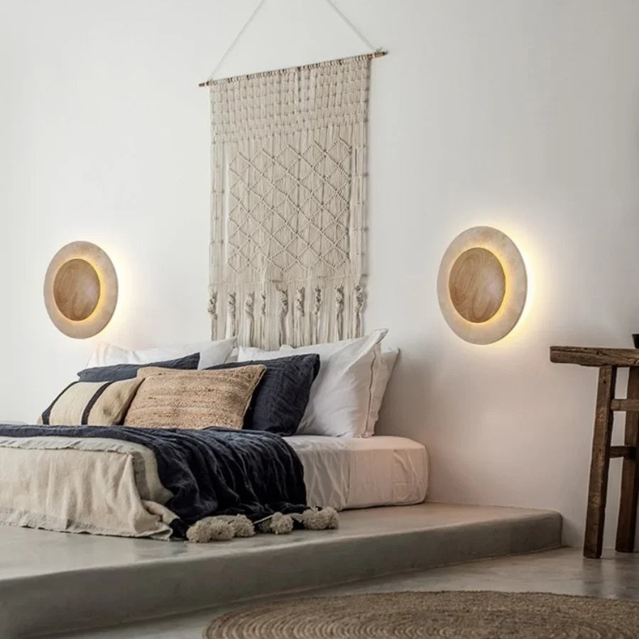 Afralia™ Wabi Sabi LED Wall Light Yellow Travertine Wood Decor Sconce Bedside Lamp