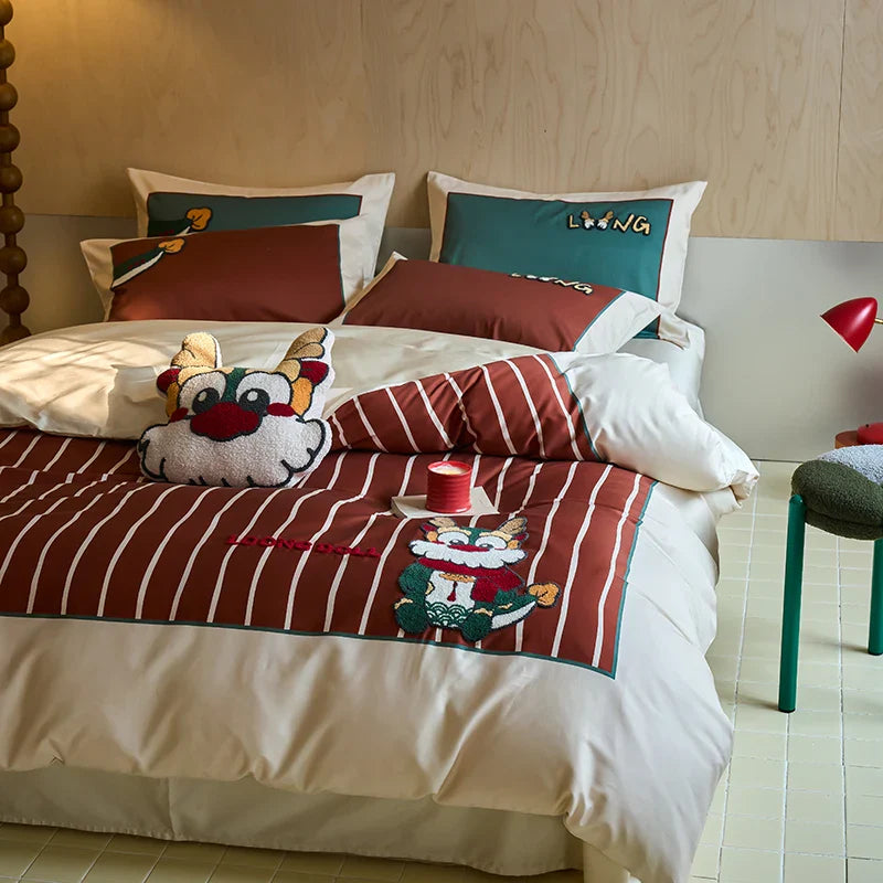 Afralia™ Chinese Embroidered Cotton Bedding Set: King Size Duvet Cover, Sheet, Quilt Cover