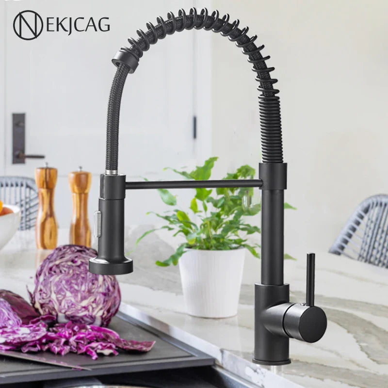 Afralia™ Matte Black Kitchen Sink Faucet 360° Rotation Spring Hot Cold Water Mixer Tap