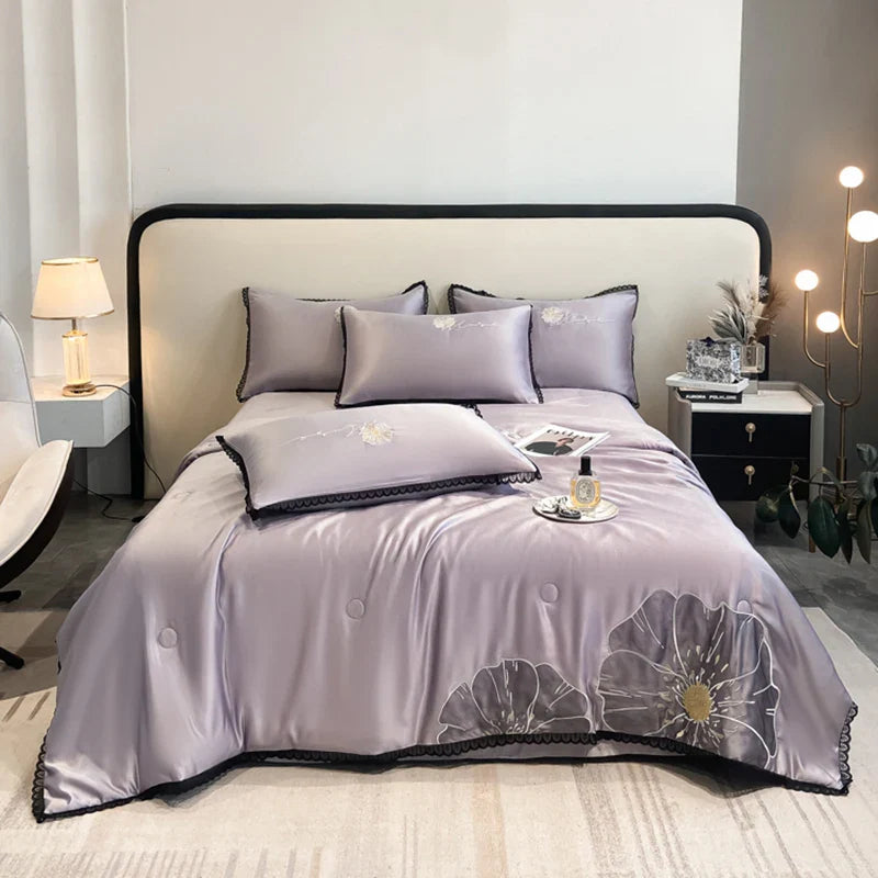 Afralia™ Luxe Flower Embroidered Cool Quilt Set - Lightweight, Silky, High-End Comfort