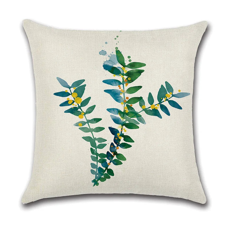 Afralia™ Green Leaves Decorative Pillow Case - Simple Style Cotton Linen Sofa Cushion Cover