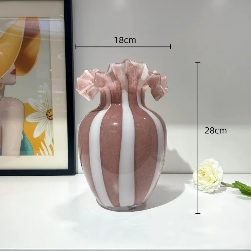 Afralia™ Striped Glass Vase Wavy Edge Flower Pot Terrarium Room Decoration