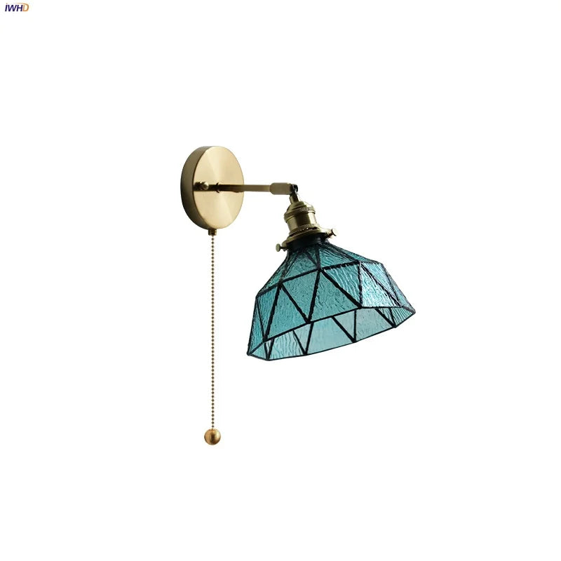 Afralia™ Tiffany Blue Glass LED Wall Sconce Rotate Copper Pull Chain Switch Light