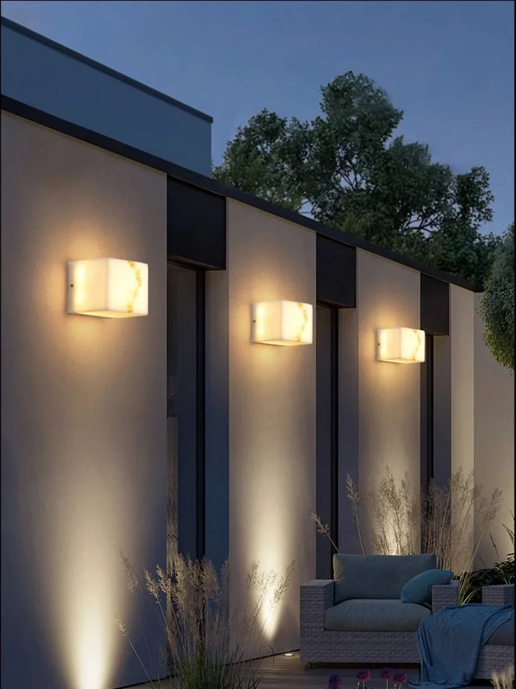 Afralia™ Art Deco Marble Cube LED Wall Sconce Indoor Outdoor IP54 Waterproof