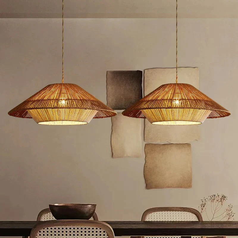 Afralia™ Wabi Sabi Hemp Rope Rattan Weave LED Chandelier Pendant Light Fixtures for Home Decor