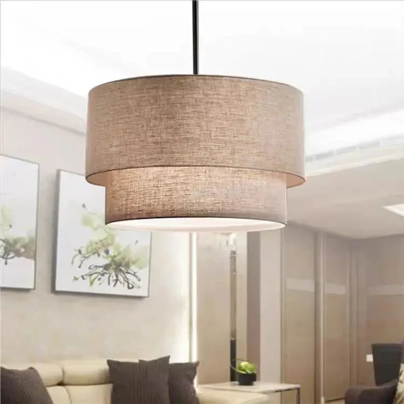 Afralia™ Double Linen Fabric Pendant Light Drum Lamp - Scandinavian Style Dining Room Bedroom Restaurant